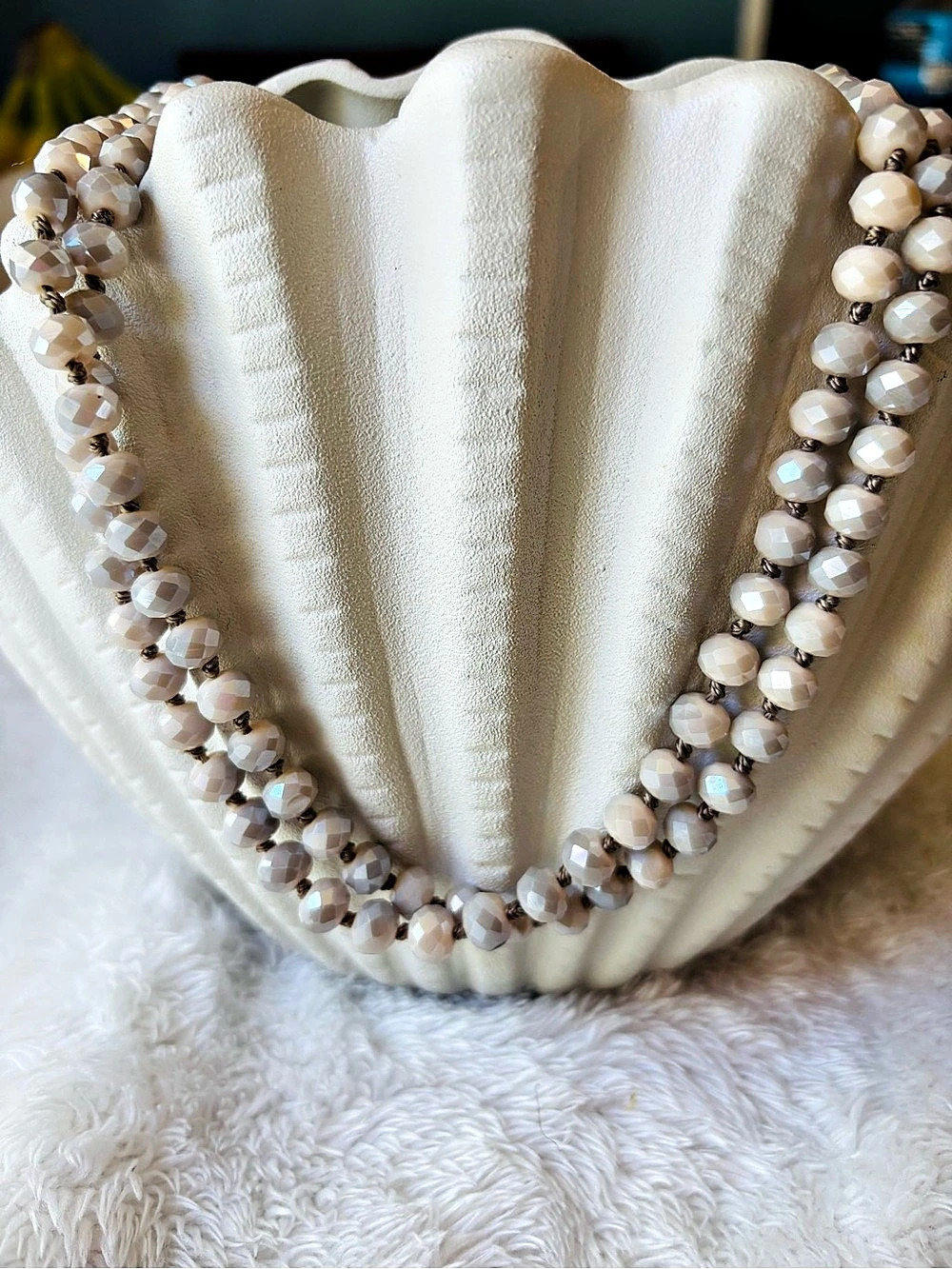 Beaded Statement Necklace in White & Brown Like New